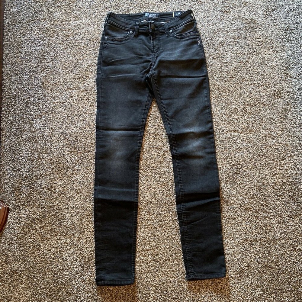 Women’s SILVER “Suki Joga High Super Skinny” Stretch Jeans BLACK Size 29x31 EUC